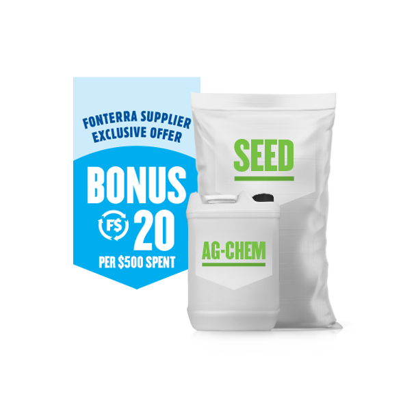 Bonus F$20 per $500 spent on selected seed or ag-chem